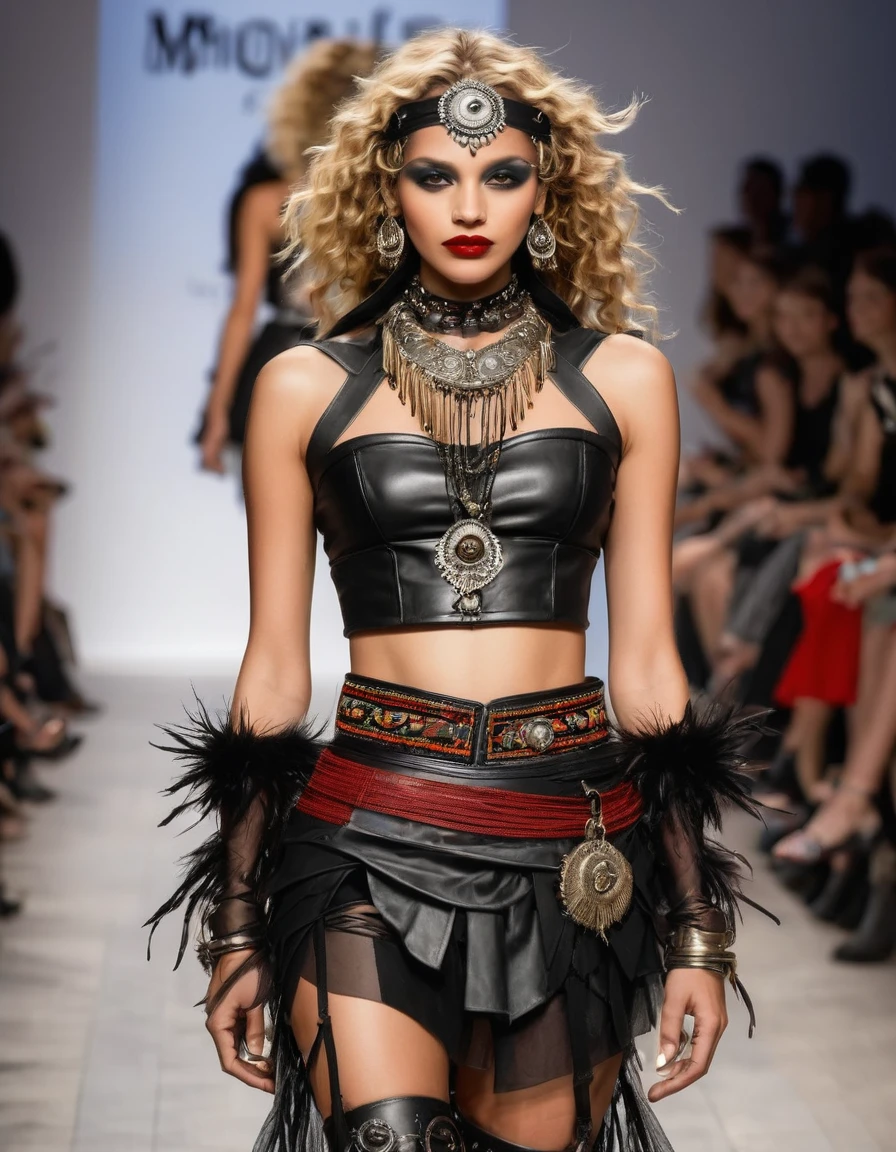 shirt: black veil with lace of indigenous motifs Corset: Black leather with tribal embroidery and crossed laces on the sides.
Skirt: Of tulle en capas, combining black and red tones, with indigenous embroidery on the edges. Asymmetrical, shorter in the front and longer in the back.
belt: Wide black leather with decorated buckle and leather straps with beads and feathers.
accessories: Leather and metal bracelets, bead and feather necklaces, Silver rings, and wide metal bracelet.
shoes: Black military boots with metal buckles and thick soles.
make-up: Smokey eyes with terracotta colors, gold and black. deep red lips.
Additional details: Seed and feather headdresses, colored ribbons in hair.
Long blonde curly hair