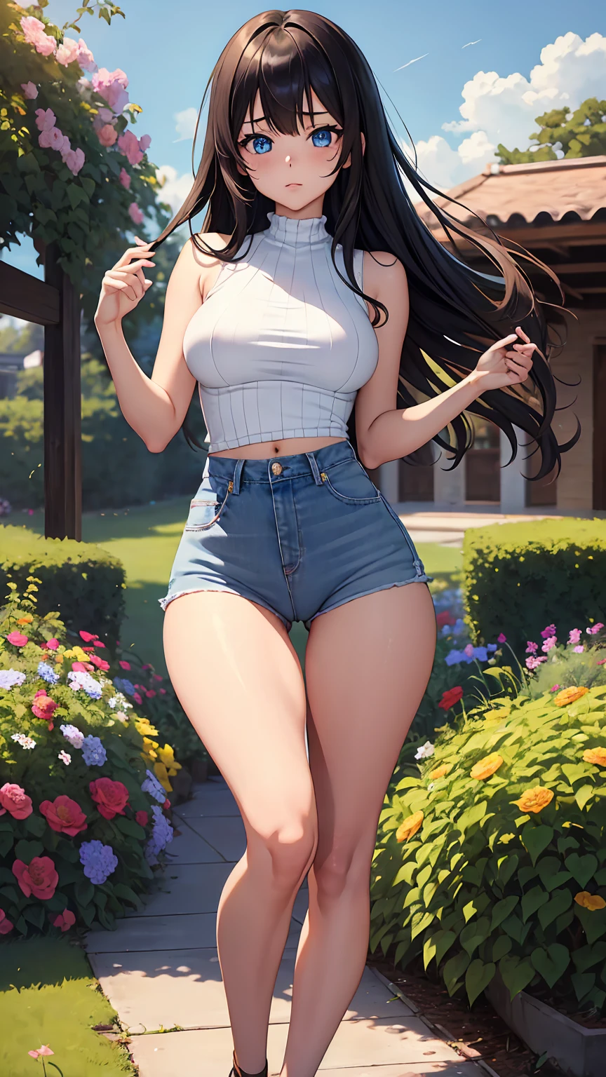 1girl, anime girl, anime, brunette, 2d girl, y, (fullbody), standing, anime girl, blue eyes, (long hair, black hair), casual shirt, Solo, Slim, Large Breasts, sfw, Tight Shorts, low waist shorts, upshorts, the garden background, flowers, afternoon sky, looking at viewer, darker shadows, (((explicit))), (((shorts))), (((absurdres))), (((thigh gap))), cameltoe, (((cameltoe))), (((cleft of venus))), (((sleeveless))),