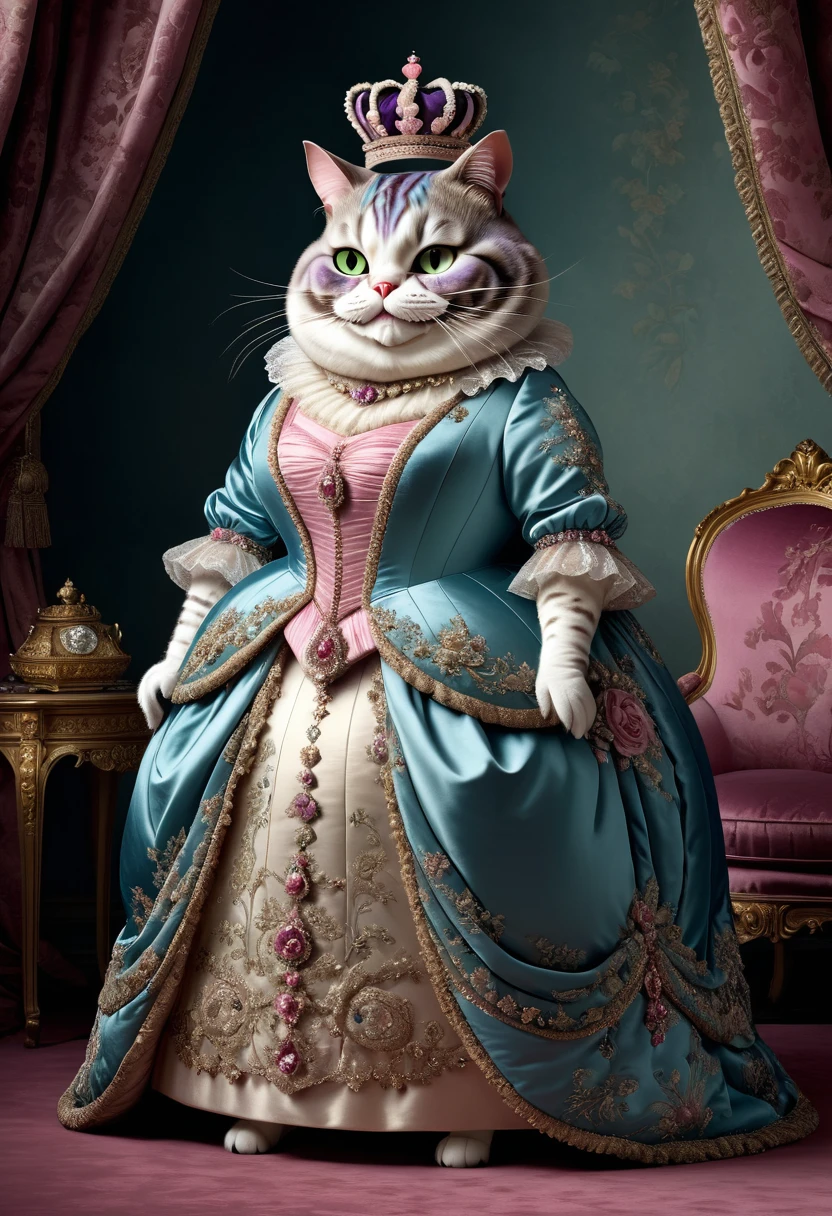 photorealistic portrait of Dressed animals - a ((fat)) (Cheshire cat) Queen, (full body image:1.5),(elegant pose:1.5) Wearing luxury sack-back gown,(wearing luxury tiara),(hands on hips:1.5), Old-fashioned luxury clothes, detailed and opulent description of a queen's aristocratic sack-back gown in Rococo , emphasizing luxurious fabrics, intricate embroidery, and ornate accessories, Rococo style king palace  background,score_9, score_8_up, score_7_up, score_6_up, score_5_up, score_4_up,