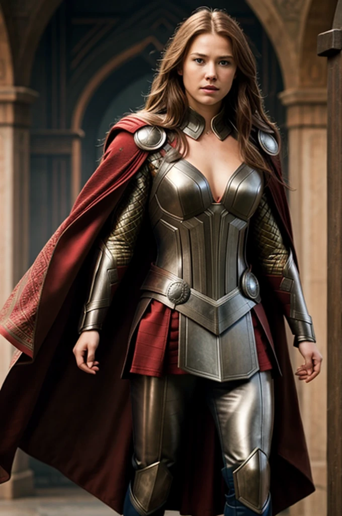 Thor, armour, red cloak, large breasts, brown hair.