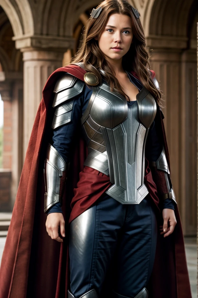 Thor, armour, red cloak, large breasts, brown hair.