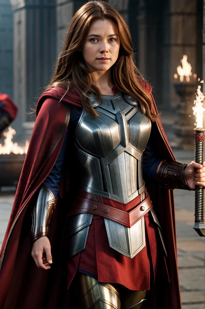 Thor, armour, red cloak, large breasts, brown hair.