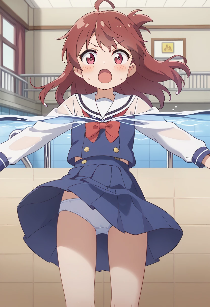 score_9, score_8_up, score_7_up, source_アニメ, masterpiece, 1girl, work, blue dress, white sailor collar, red bowtie, white long sleeves, cowboy shot, looking at viewer, indoors, open mouth, Water Play, Primary school students、Skirt fully open、Long wide skirt、cute、White underwear、blush、Watery eye、Lots of water、Wet、((Wind power increase))、The skirt floats on the water、(drowning water)、(Underwater Shot Of The Swimming pool)