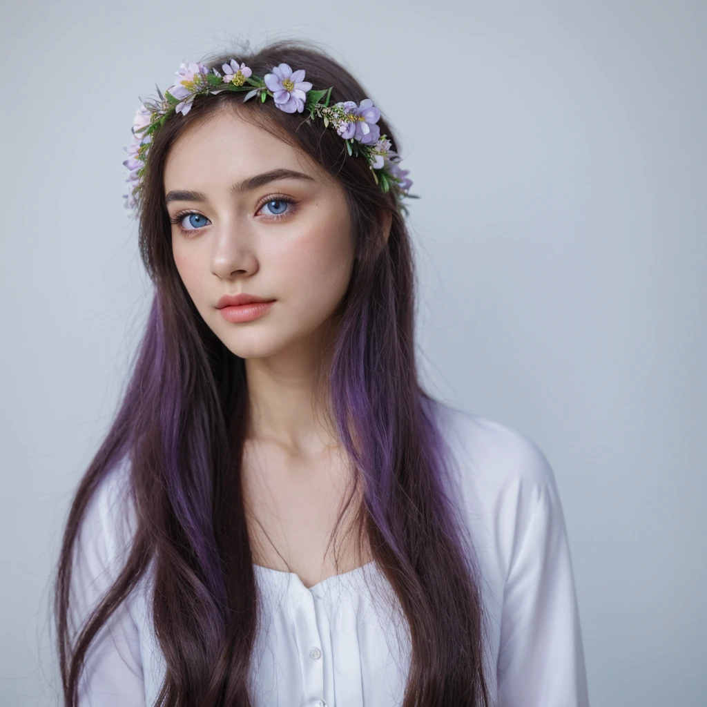 a beautiful detailed girl with long blue hair, in a white shirt, wearing a flower crown, in a simple white background, with detailed background elements including flowers, leaves, and a bow, (best quality,4k,8k,highres,masterpiece:1.2),ultra-detailed,(realistic,photorealistic,photo-realistic:1.37),detailed portrait,intricate details,delicate complexion, purple eyes,rosy cheeks