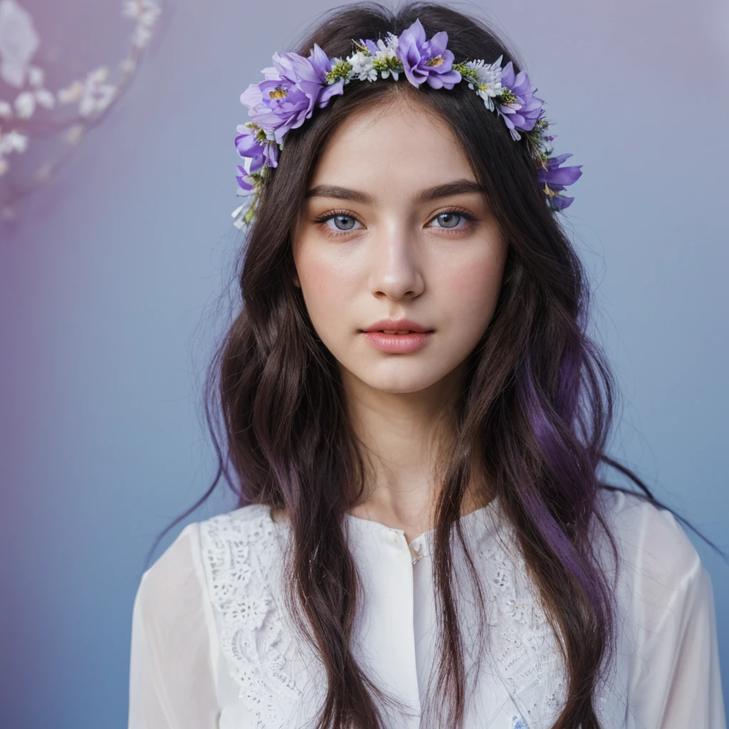 a beautiful detailed girl with long blue hair, in a white shirt, wearing a flower crown, in a simple white background, with detailed background elements including flowers, leaves, and a bow, (best quality,4k,8k,highres,masterpiece:1.2),ultra-detailed,(realistic,photorealistic,photo-realistic:1.37),detailed portrait,intricate details,delicate complexion, purple eyes,rosy cheeks