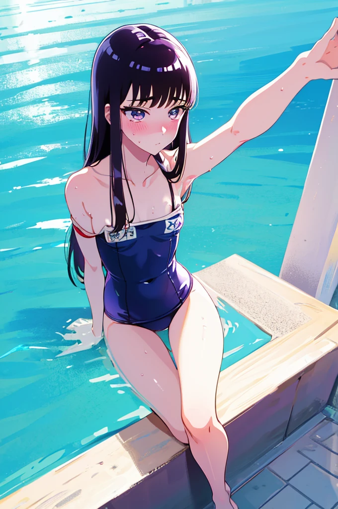 Random patterned swimsuit、Swimsuit,,Blushing、Pale brown eyes、Dark purple hair、Semi-long hair、Head to toe full body、Blushing、Embarrassed look、Composition from the front、A view from slightly below、school swimwear、Acme Face、Random pose、, 、nsfw、Highest quality、1 girl、独奏、Ocean、Sandy Beach、Sexy pose、Random pose、Blushing、wet、Embarrassed、I can see half of my 、、One piece swimsuit、(Strap slip:1.3)、Swimsuit
