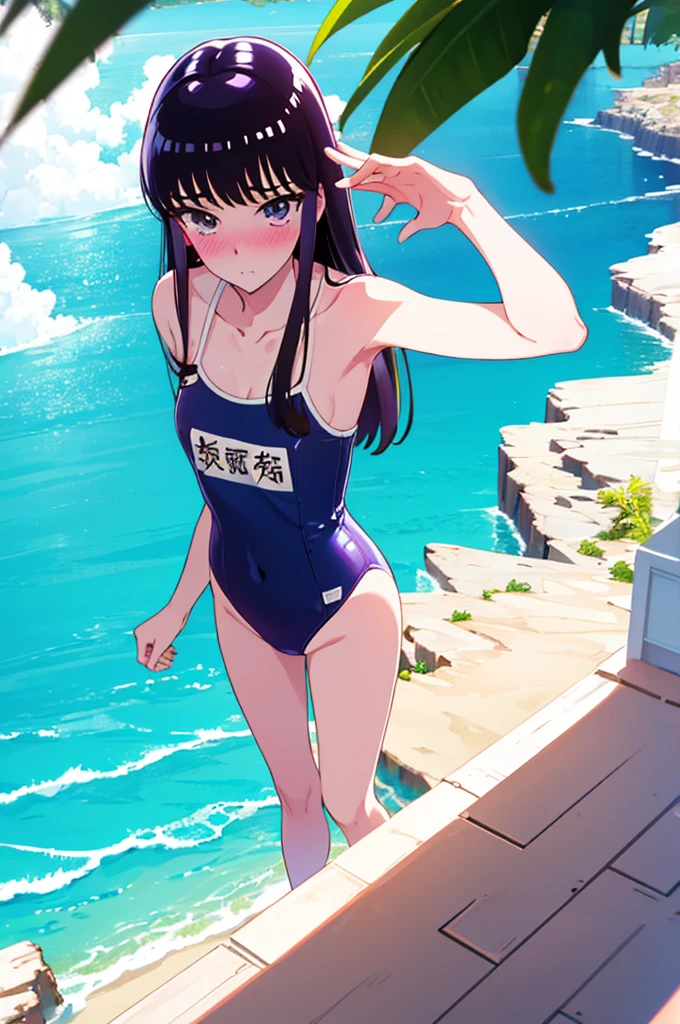 Random patterned swimsuit、Swimsuit,,Blushing、Pale brown eyes、Dark purple hair、Semi-long hair、Head to toe full body、Blushing、Embarrassed look、Composition from the front、A view from slightly below、school swimwear、Acme Face、Random pose、, 、nsfw、Highest quality、1 girl、独奏、Ocean、Sandy Beach、Sexy pose、Random pose、Blushing、wet、Embarrassed、I can see half of my 、、One piece swimsuit、(Strap slip:1.3)、Swimsuit
