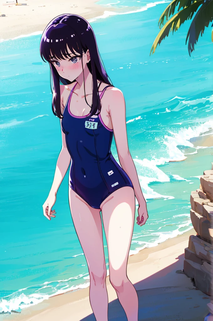 Random patterned swimsuit、Swimsuit,,Blushing、Pale brown eyes、Dark purple hair、Semi-long hair、Head to toe full body、Blushing、Embarrassed look、Composition from the front、A view from slightly below、school swimwear、Acme Face、Random pose、, 、nsfw、Highest quality、1 girl、独奏、Ocean、Sandy Beach、Sexy pose、Random pose、Blushing、wet、Embarrassed、I can see half of my 、、One piece swimsuit、(Strap slip:1.3)、Swimsuit
