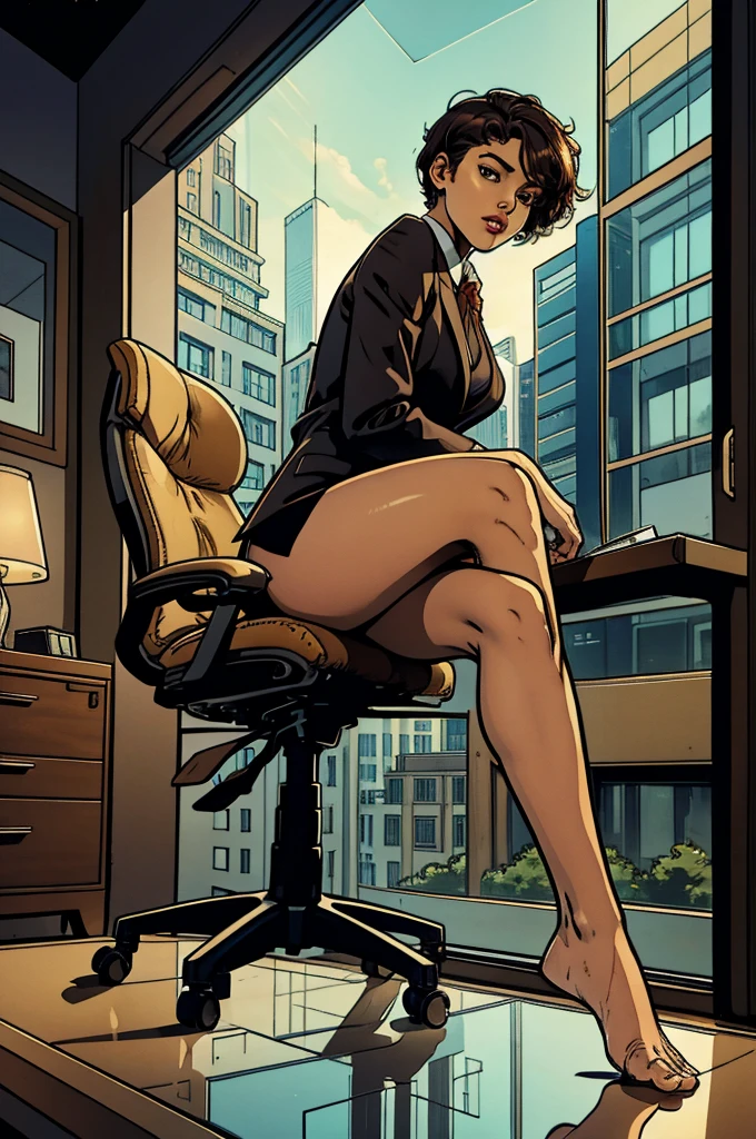 Girl in a suit, barefoot, showing feet, sitting, crossed legs, short hair, brown skin, ceo office on the top floor with glass in the background, low angle