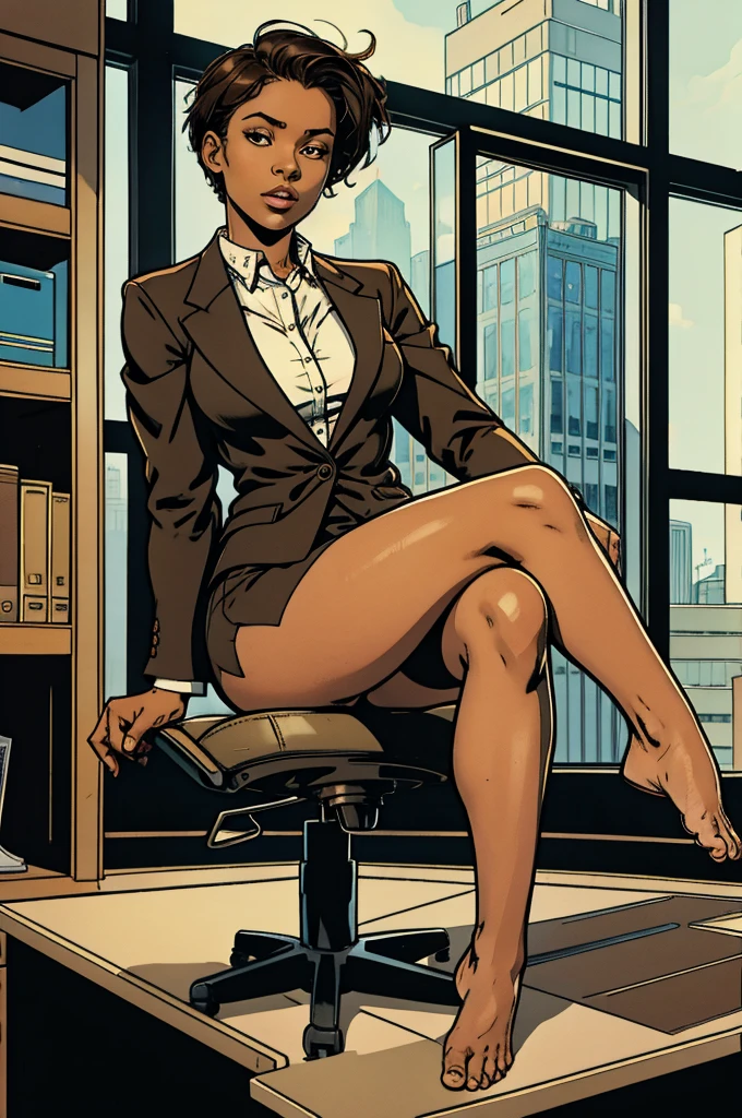 Girl in a suit, barefoot, showing feet, sitting, crossed legs, short hair, brown skin, ceo office on the top floor with glass in the background, low angle