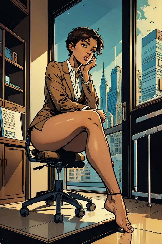 Girl in a suit, barefoot, showing feet, sitting, crossed legs, short hair, brown skin, ceo office on the top floor with glass in the background, low angle