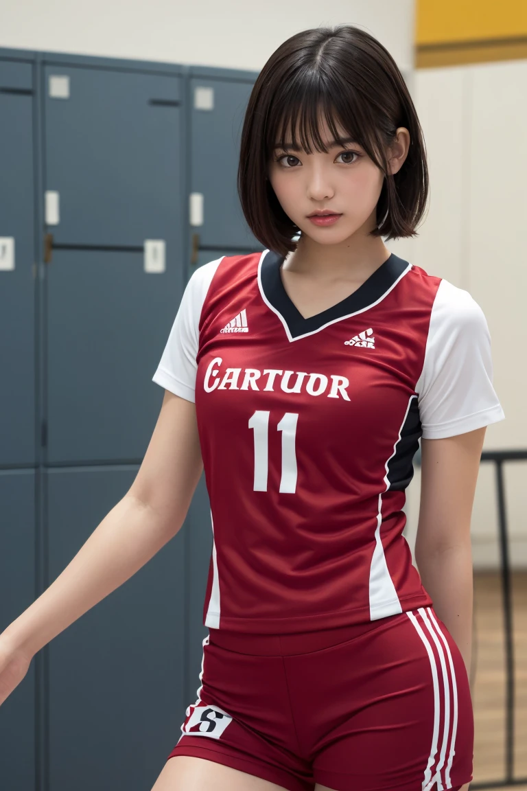 Pieces fly, Highest quality, figure, Very detailed, Fine details, High resolution, 8K,wallpaper, Perfect dynamic composition,(Detailed high quality, Realistic depiction of eyes:1.3), (short hair volleyball player, Volleyball Uniforms), Tight clothing, locker room, (Medium bust), Black hair color, Big Natural Color Lip, Bold sexy pose, (Perfect figure), Putting on gal makeup, Sexy Face, Harajuku Style、20-year-old girl、Cute type、Lolita、Beautiful feet,