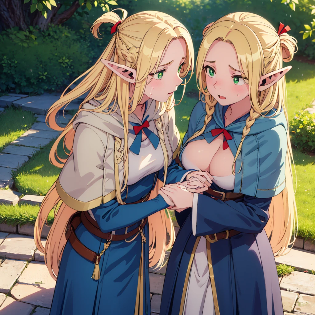 (best quality,ultra-detailed,highres:1.2),realistic,massive round breasts,playful girls,two girls,body touching,blonde hair,muti-coloured hair. twin tails hairstyle.,spreading legs,panties on the floor,bra hanging,naked girls,passionate movement,soft skin,vibrant colors,intimate moment,innocent exploration,lively expressions,warm lighting,natural beauty,subtle shadows,gentle caress,joyful atmosphere,sensual energy,artistic composition,graceful poses,whispered secrets,embrace of youth,curiosity unleashed,effortless connection,unforgettable memories,authentic emotions,two souls intertwined,serenity found,happiness captured,irresistible charm,unveiling desire,daring vulnerability,flawless figures,feminine grace. kissing. bodies pressed together. nudity. visible nipples. Raining. Wet skin. Wet bodies. saturated. dripping wet hair. Outdoors. forest. Jewels. Marcille Donato. Elf, Elf ears. green eyes