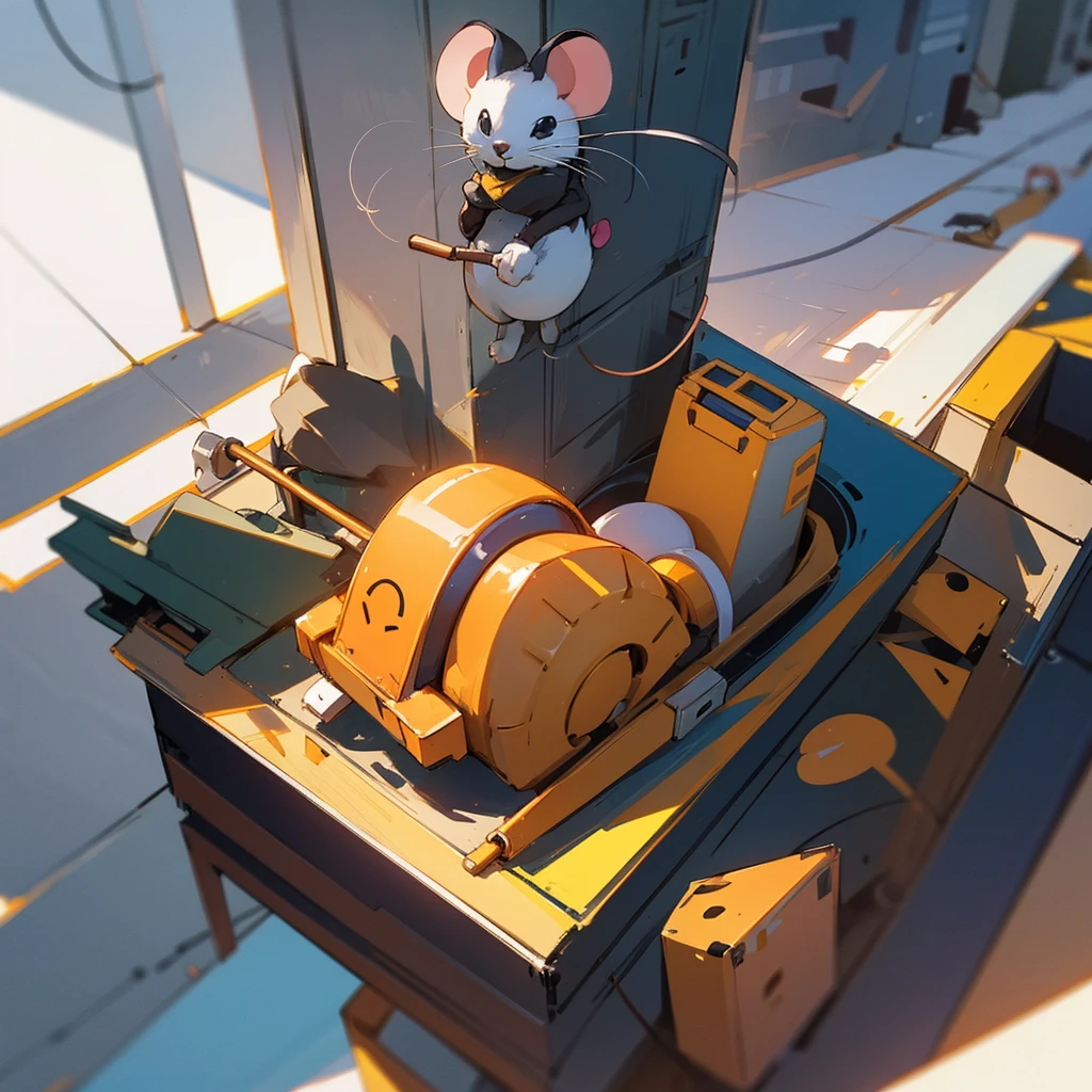 The picture shows a mouse wearing a miner's overalls,Wearing a blue work suit,Lots of pockets and tool pockets on top。He is wearing a hat,There is a small light bulb on the brim of the hat,So that he can see more clearly in the mine.。He held a small pickaxe in his hand,Mining ore seriously。His eyes are bright and focused,Appears very motivated。