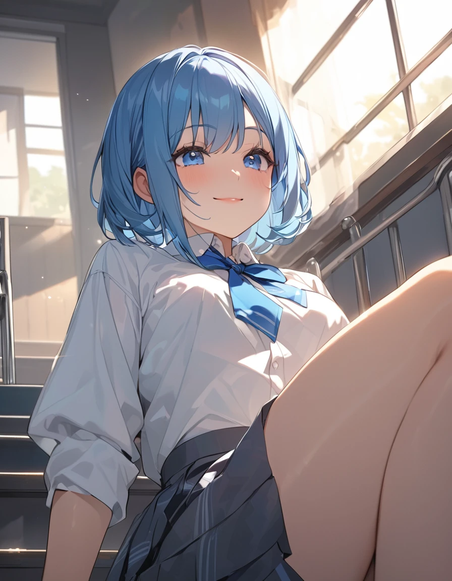 (Highest qualityのイラスト:1.2), (pretty girl:1.1), (1 girl、、Highest qualityのイラスト:1.2), (1 girl、smile、slightly bigger eyes)、Bright blue hair、Short Bob Hair、(Highest quality、Very detailed、Very detailed and beautiful、Ultra-high resolution) 、,{White shirt、Blue ribbon tie、Grey pleated skirt}, from below、School stairs