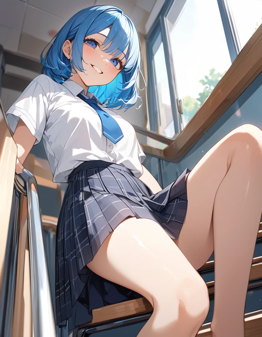 (Highest qualityのイラスト:1.2), (pretty girl:1.1), (1 girl、、Highest qualityのイラスト:1.2), (1 girl、smile、slightly bigger eyes)、Bright blue hair、Short Bob Hair、(Highest quality、Very detailed、Very detailed and beautiful、Ultra-high resolution) 、,{White shirt、Blue ribbon tie、Grey pleated skirt}, from below、School stairs