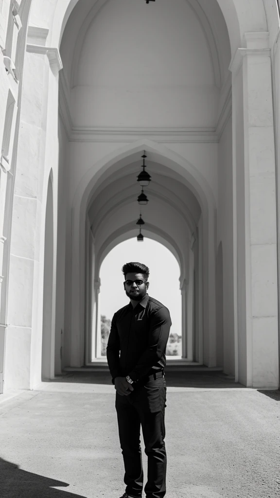 A man stand in front of fort for a photo shoot with black shirt and white pent. Background are so beautiful.
