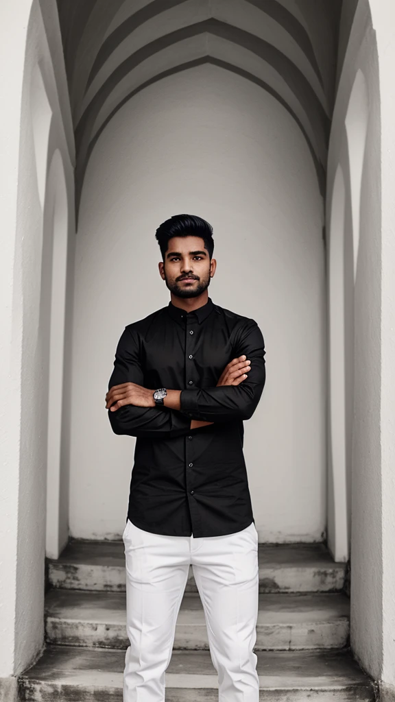 A man stand in front of fort for a photo shoot with black shirt and white pent. Background are so beautiful.