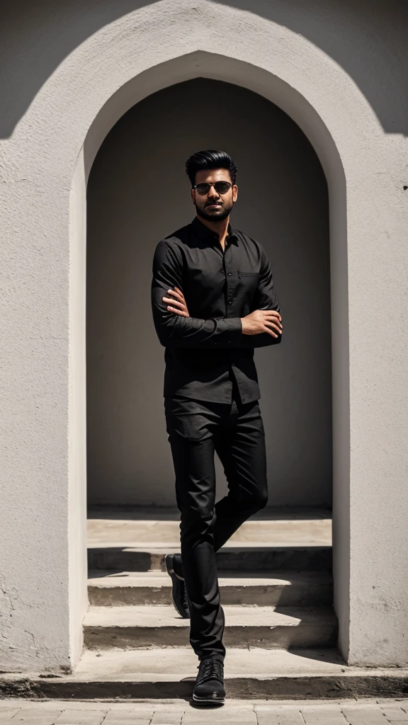 A man stand in front of fort for a photo shoot with black shirt and white pent. Background are so beautiful.