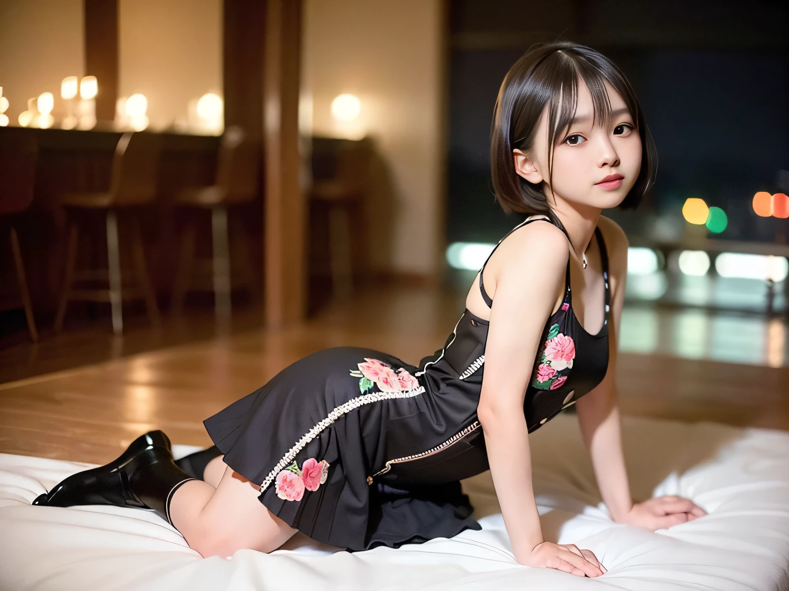 (Highest quality, masterpiece, Ultra-high resolution, 8K, RAW Photos, Realistic, Anatomically correct:1.5), 20-year-old girl:1.2, Embarrassing, avert your eyes, blush:1.0, View Viewer, ((bar)) 、Large windows、Night view、 Light:1.2, Bokeh, Cinema Lighting:1.0, Depth of written boundary, sharp、 Cute face、Idol、Black short sleeve lace top、Black pleated skirt、Shiny wine-colored clothing、”dwarf”、(Floral clothes)、(Full Body Shot)、Side angle、Cowboy Shot、 smile、((Ultra short hair、Berry Short))、(Straight bangs)、((See-through))、(( One Girl))、Waist、I can see your thighs、