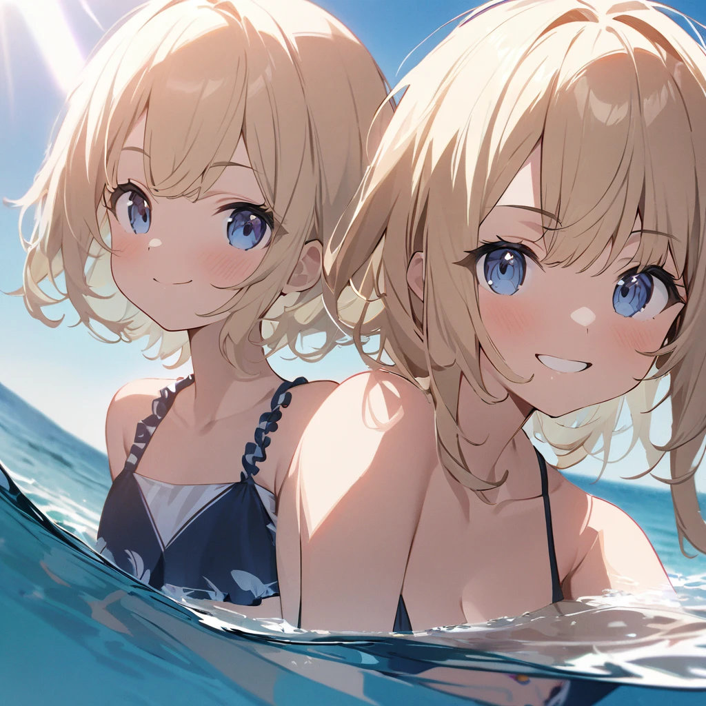 Highest quality, masterpiece, Blonde,Dark blue eyes,Double exposure, The best smile, Cute pose, Red face,Swimwear, Ocean,Ocean水浴, sunlight,whole body