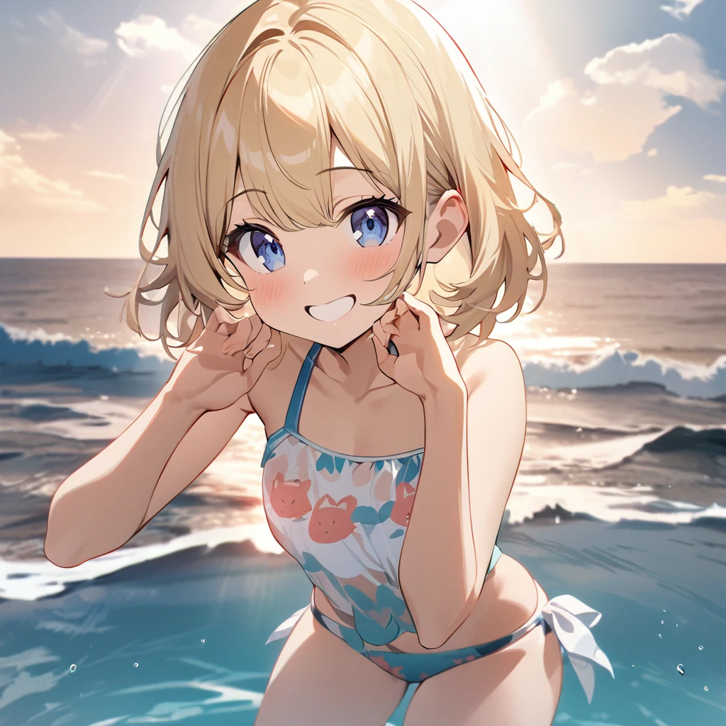 Highest quality, masterpiece, Blonde,Dark blue eyes,Double exposure, The best smile, Cute pose, Red face,Swimwear, Ocean,Ocean水浴, sunlight,whole body