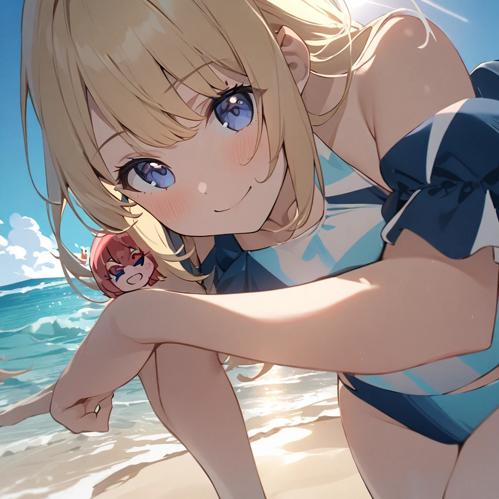 Highest quality, masterpiece, Blonde,Dark blue eyes,Double exposure, The best smile, Cute pose, Red face,Swimwear, Ocean,Ocean水浴, sunlight,whole body