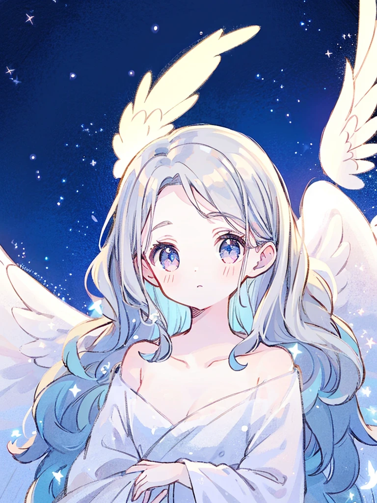 nude angel girl wearing an ethereal translucent dress, pale skin, ((blue mint wavy hair)), white feathers, angel wings, sparkling detailed eyes, golden ratio face, perfect composition, highly detailed, ethereal, (starry night sky background), midjourney style