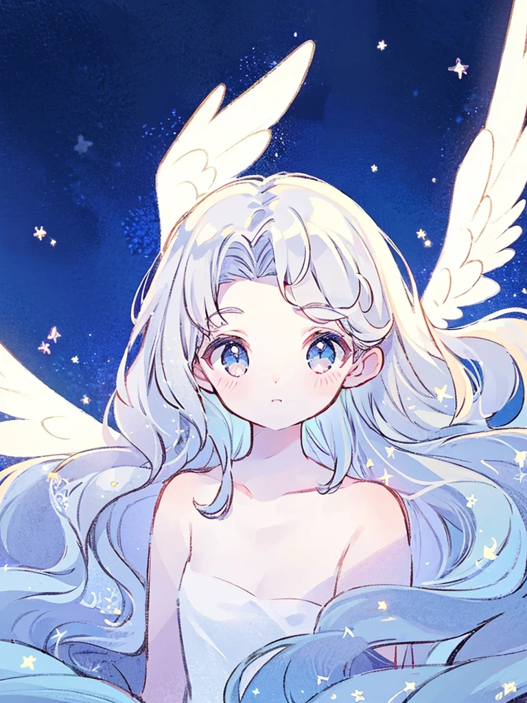 nude angel girl wearing an ethereal translucent dress, pale skin, ((blue mint wavy hair)), white feathers, angel wings, sparkling detailed eyes, golden ratio face, perfect composition, highly detailed, ethereal, (starry night sky background), midjourney style