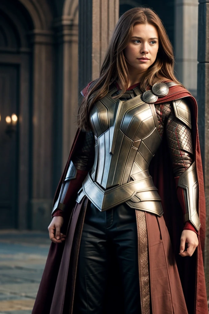 Thor, armour, red cloak, large breasts, brown hair.