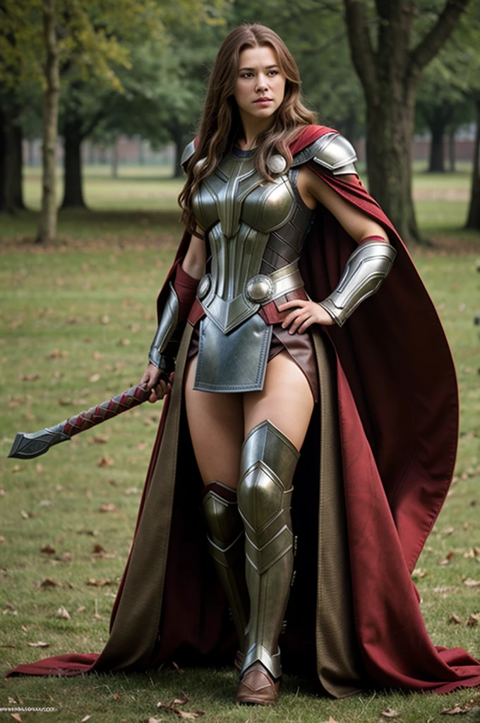 Thor, armour, red cloak, large breasts, brown hair.