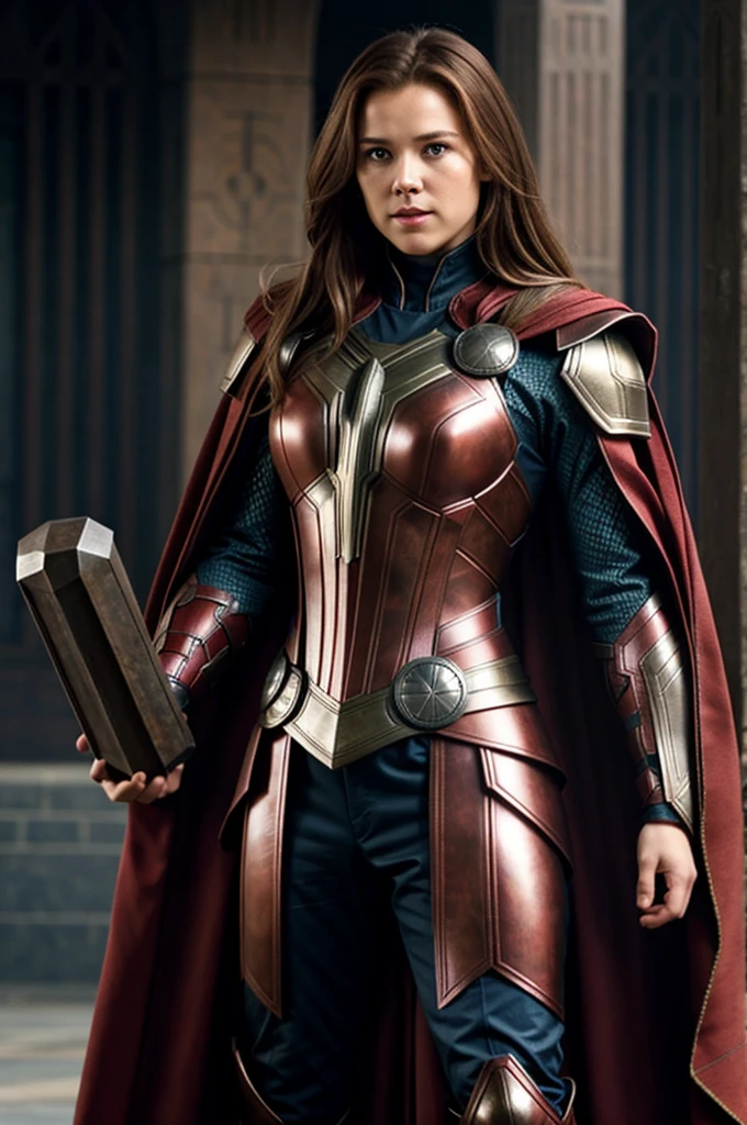 Thor, armour, red cloak, large breasts, brown hair.