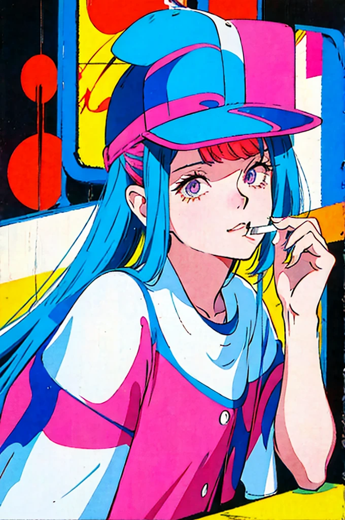 Woman in baseball cap,He is holding up a cigarette and smoking.。, Anime atmosphere of the 80s, 90s anime style, 90s anime style, 80s anime style, In 80s anime art style, 90s anime art style, Anime atmosphere, 80s anime art style, 1980's anime style,Neon Light