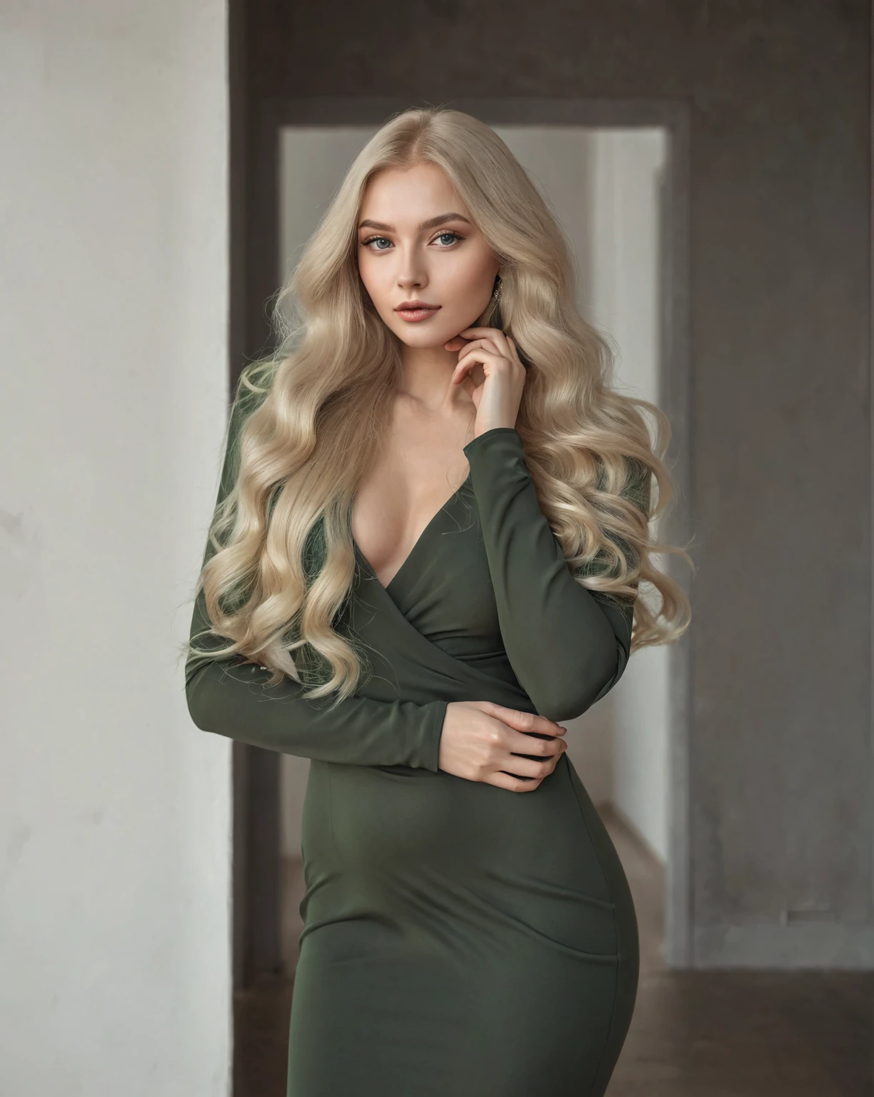 A woman in a green dress posing for a photo, with long blonde hair, Anna Nikonova aka Newmilky, Anastasia Ovchinnikova, Angelina Stroganova, tight dress, Yelena Belova, al estilo de kyrill kotashev, a beautiful blonde, Style of Julia Razumova, Aleksandra Waliszewska