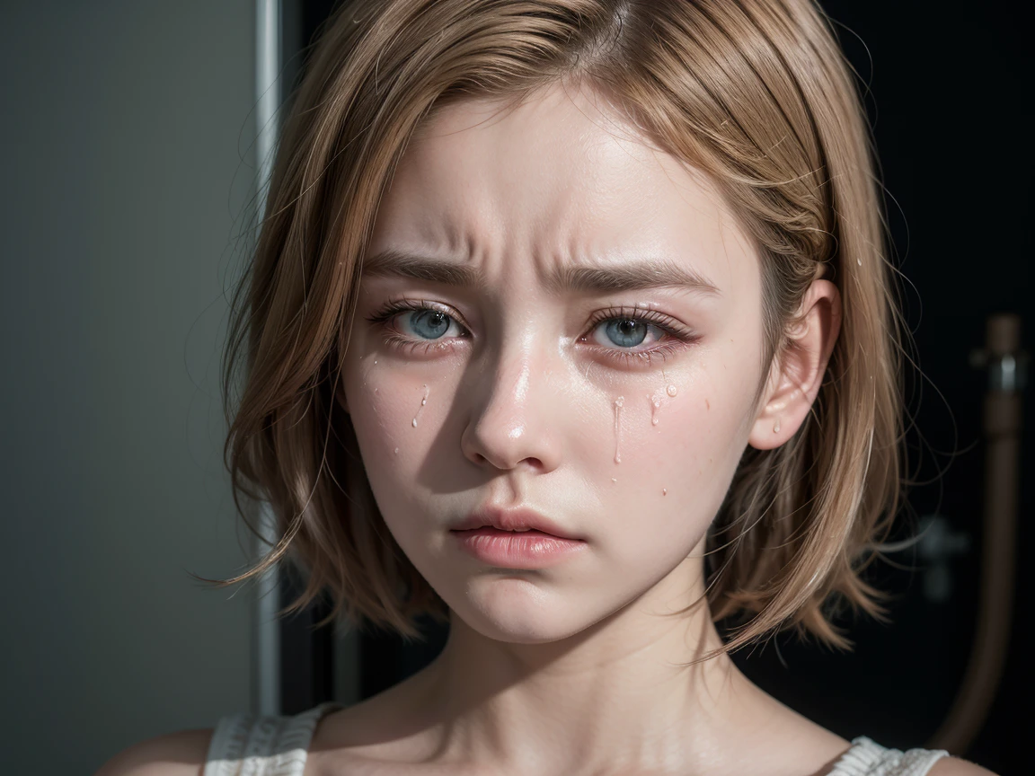 Romantic cinematic style, american shot, 4K resolution masterpiece, high quality of detailing, photorealista, with natural textures, chromatic aberration, high detailed of the beautiful and feminine facial features with crystal clear eyes full of sadness, The shot shows a young blonde woman with short hair, She is crying with a broken heart when she sees an old photograph., your sadness is great, with her half-closed eyes full of tears, realistic colors but in sad and dull tones