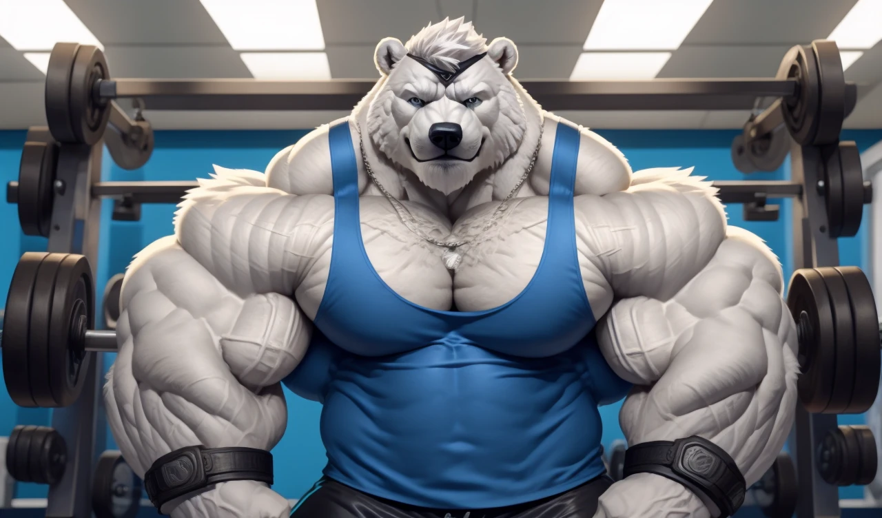 Brock Ólafsson The Huge Muscled Polar Bear, with White Hair, Blue Tank Top, Black Wristbands and Black Gym Shorts, Flexing His Thorax.