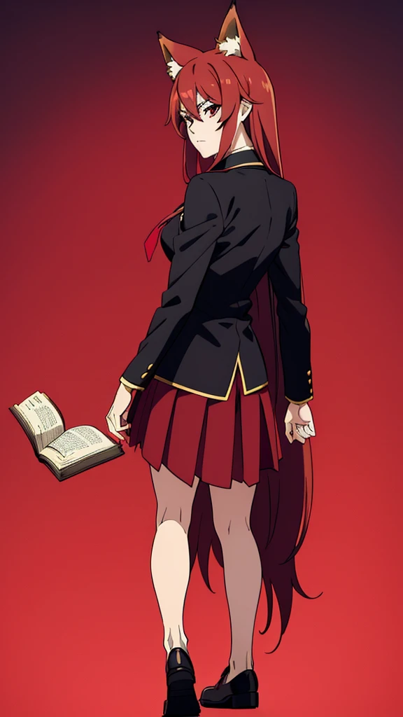 ((beautiful face)),1girl ,20s,mature female,serious face,solo,(red hair),long hair,fox ears,hair between eyes,red eyes,(no background, simple background),necktie,black jacket, blazer,long sleeves,pleated skirt,full body,walking,from back,holding books