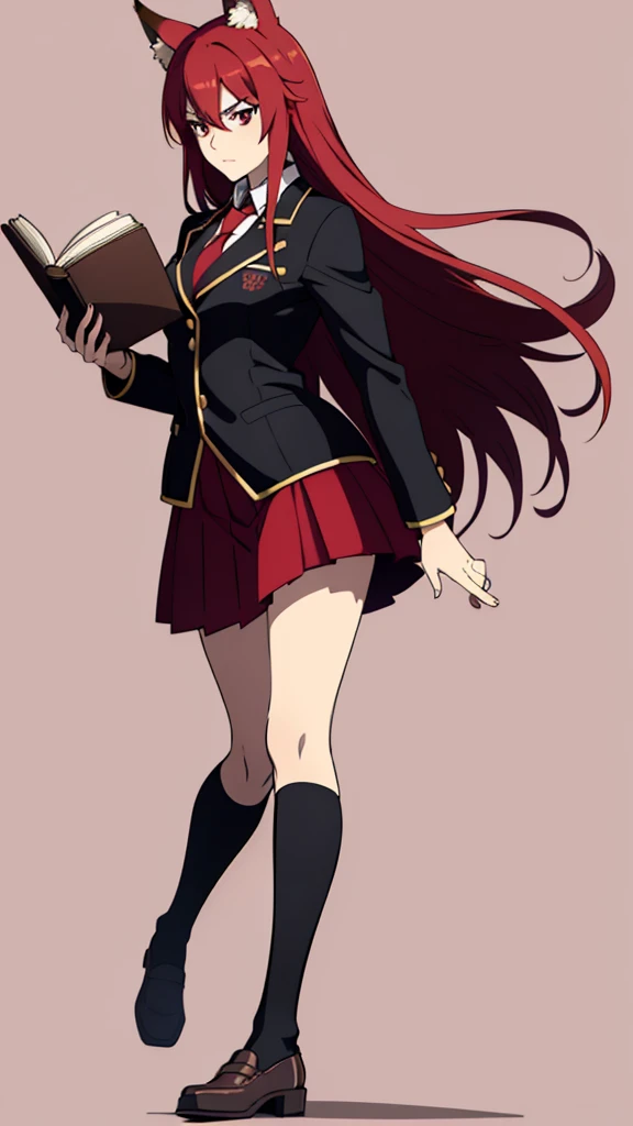 ((beautiful face)),1girl ,20s,mature female,serious face,solo,(red hair),long hair,fox ears,hair between eyes,red eyes,(no background, simple background),necktie,black jacket, blazer,long sleeves,pleated skirt,full body,walking,from back,holding books