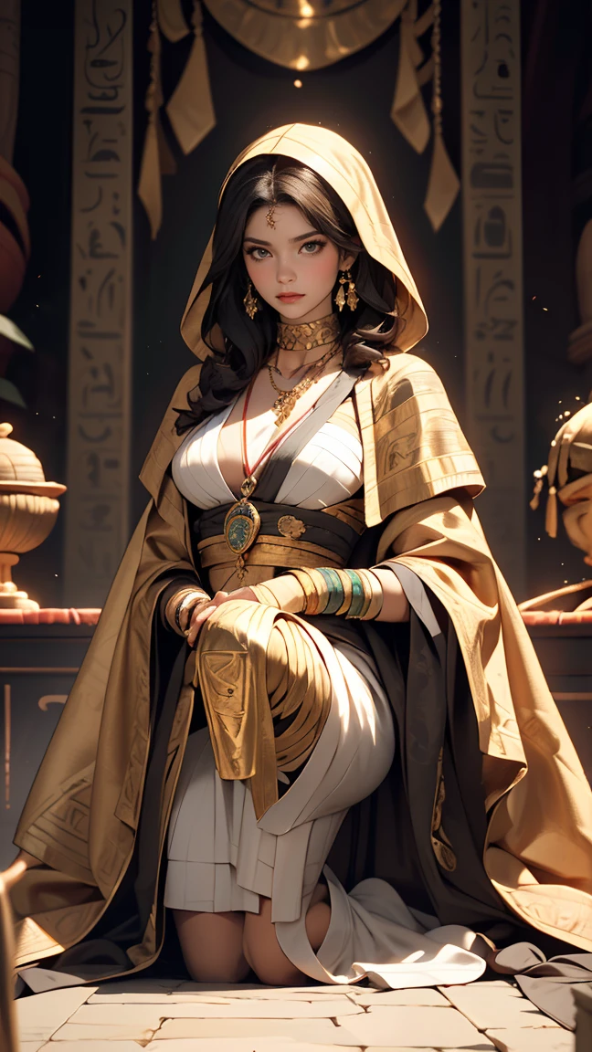 sfw, full body image, 1 black girl, big green eyes, (small breasts:1.2), golden choker with an ankh, wide view, Chapped lips, full lips, short wavy hair, half hair, ((dressed in bandages like a mummy)) , messy fur, Very detailed, soft tones, extreme detail, No background, (Detailed textures:1.1), dramatic light, surprised expression, high depth of field. She wakes up startled inside a sarcophagus and sits up startled, It is in a palace in Egypt, There are a couple of priests prostrate on the ground worshiping her