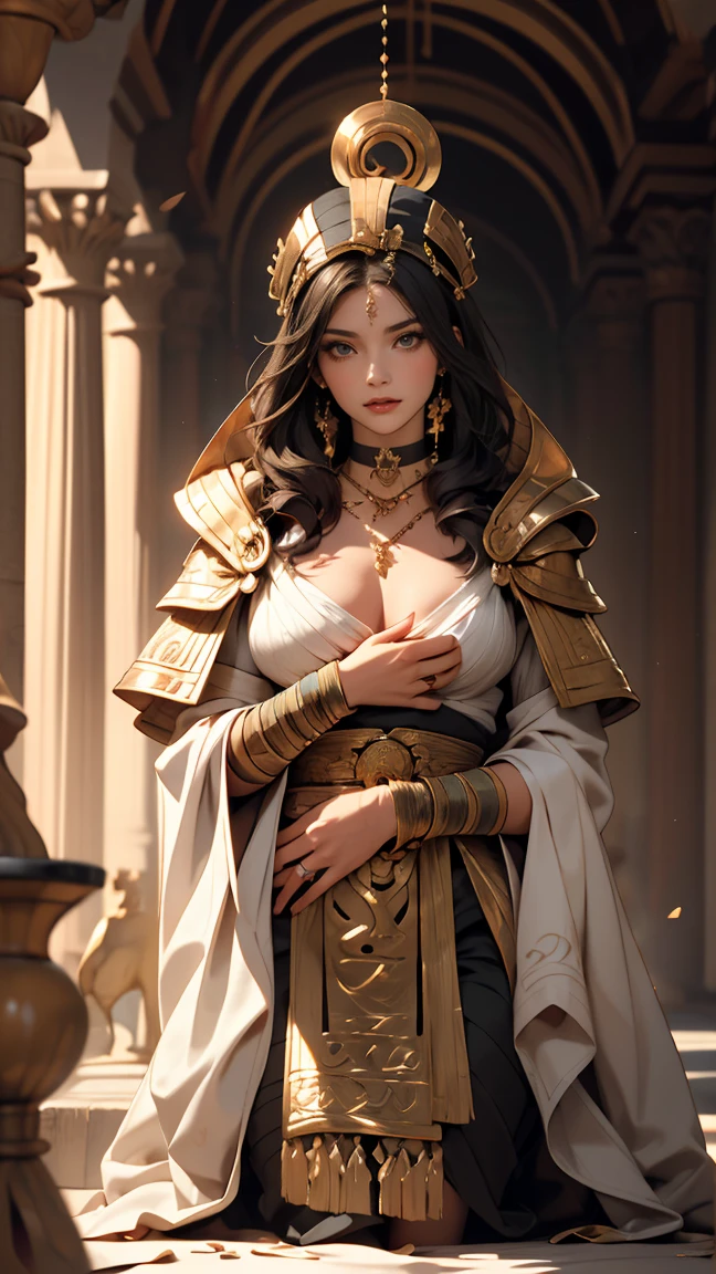 sfw, full body image, 1 black girl, big green eyes, (small breasts:1.2), golden choker with an ankh, wide view, Chapped lips, full lips, short wavy hair, half hair, ((dressed in bandages like a mummy)) , messy fur, Very detailed, soft tones, extreme detail, No background, (Detailed textures:1.1), dramatic light, surprised expression, high depth of field. She wakes up startled inside a sarcophagus and sits up startled, It is in a palace in Egypt, There are a couple of priests prostrate on the ground worshiping her