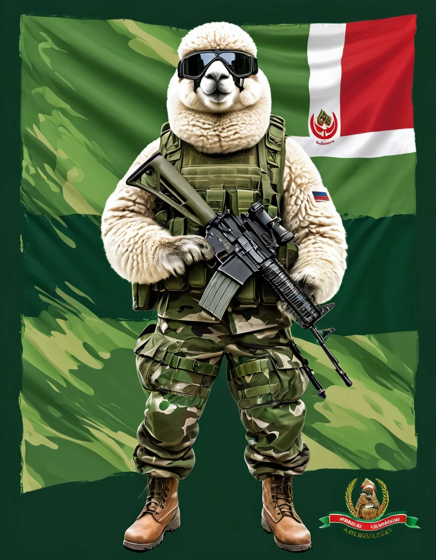 A muscular alpaca, in combat stance, dressed in military uniform of green berets and dark green camouflage military pants, with military boots, helmet with camouflage, Akm rifle, illustration, text watermark signature (Atipiri), on bottom right, red and white Peruvian flag