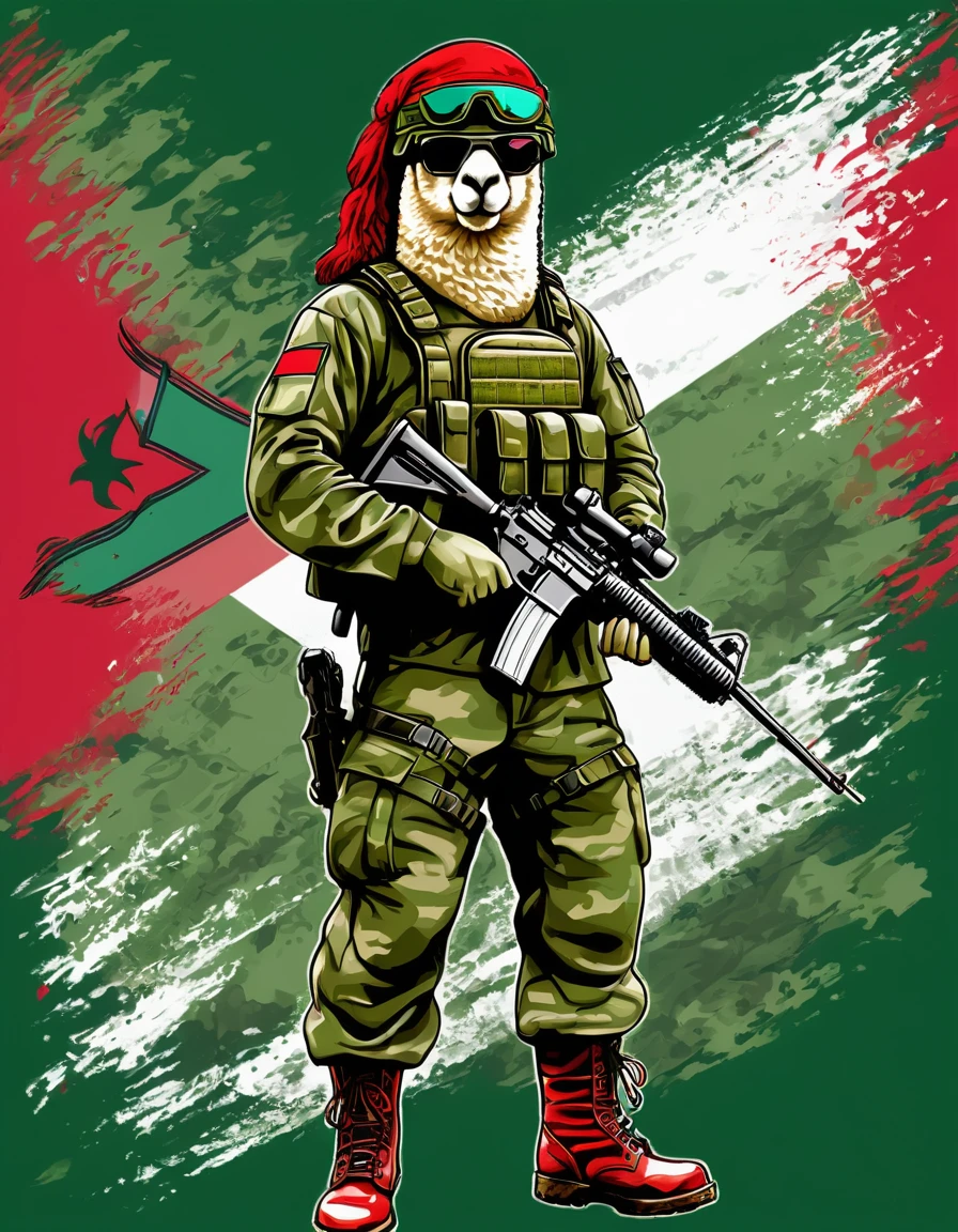 A muscular alpaca, in combat stance, dressed in military uniform of green berets and dark green camouflage military pants, with military boots, helmet with camouflage, Akm rifle, illustration, text watermark signature (Atipiri), on bottom right, red and white Peruvian flag