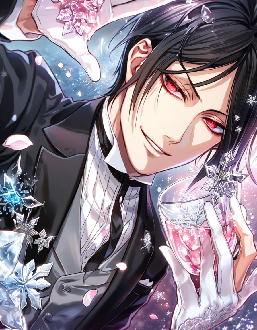 Ultra detailed, HDR, Highres, absurdres, master piece, Sebastian Michaelis, black hair, expressive red eyes, Kuroshitsuji, black jacket, gray vest, white shirt, handsome, glass, ice glittering butterflies, ice, petals, pink ice glass flowers, glittering, water, fantasy, magical, snowflakes, cold, handsome smile, white gloves, Black Butler, solo,