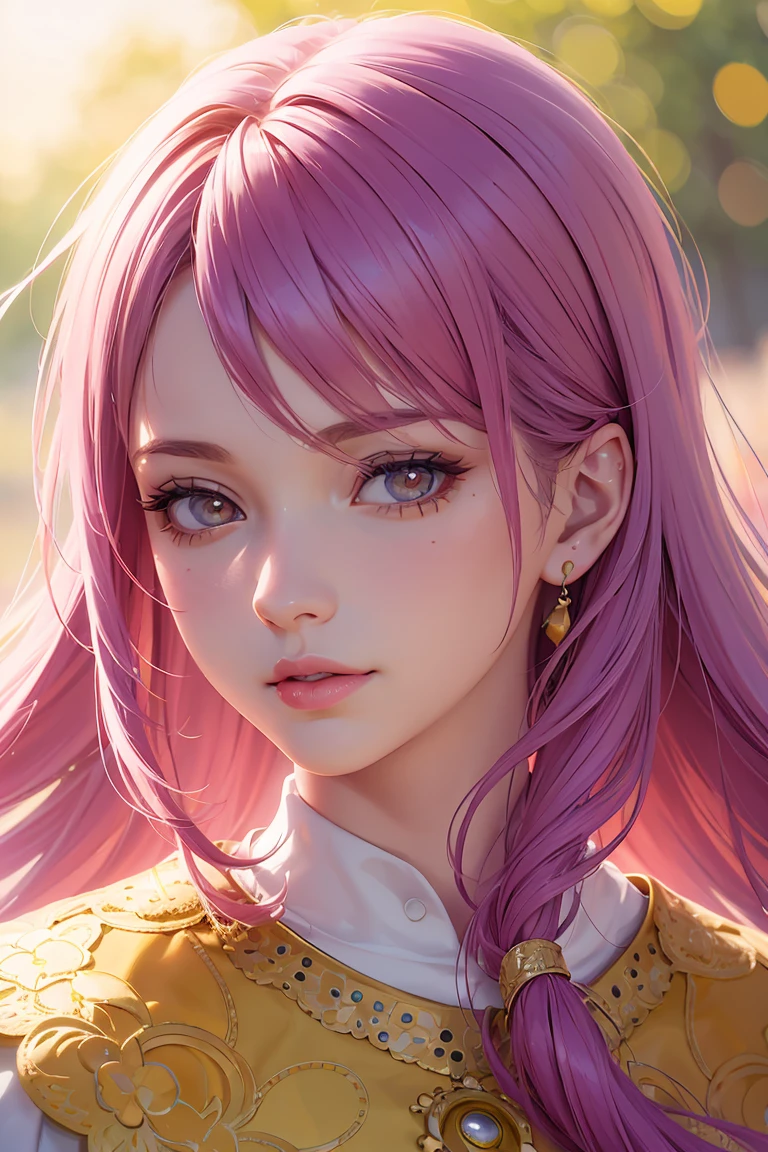 a beautiful girl wearing fashionable yellow sunglasses,yellow background,pink hair,purple eyes,(best quality,4k,8k,highres,masterpiece:1.2),ultra-detailed,(realistic,photorealistic,photo-realistic:1.37),detailed face,detailed eyes,detailed lips,detailed nose,beautiful eyes,beautiful lips,extremely detailed facial features,long eyelashes,highly detailed portrait,intricate details,vibrant colors,natural lighting,soft focus,cinematic,elegant,fashionable,kawaii,anime-style,digital painting