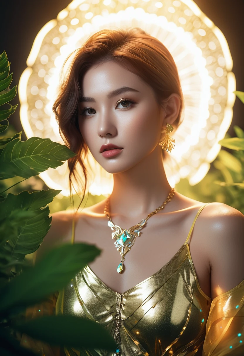 ((jewel_light element)), (translucent luminous body_wearing a golden frilled blouse), (girl made of light:1.2), (minimalism:0.5), (close-up angle above the waist:1.3), low angle shot, (Tattoo: 0.7), 4K, HDR, acid graphics, plant 1 girl, fantasy work, [detail vivid face: 0.33], (white translucent luminous body and hair: 1.3), silhouette outline and luminous beautiful woman, understated elegance reveals. A calm and deep atmosphere offering subtle luxury, sophisticated poses, fluorescence, luminescent tattoos, bioluminescent tattoos, and glowing patterns.
