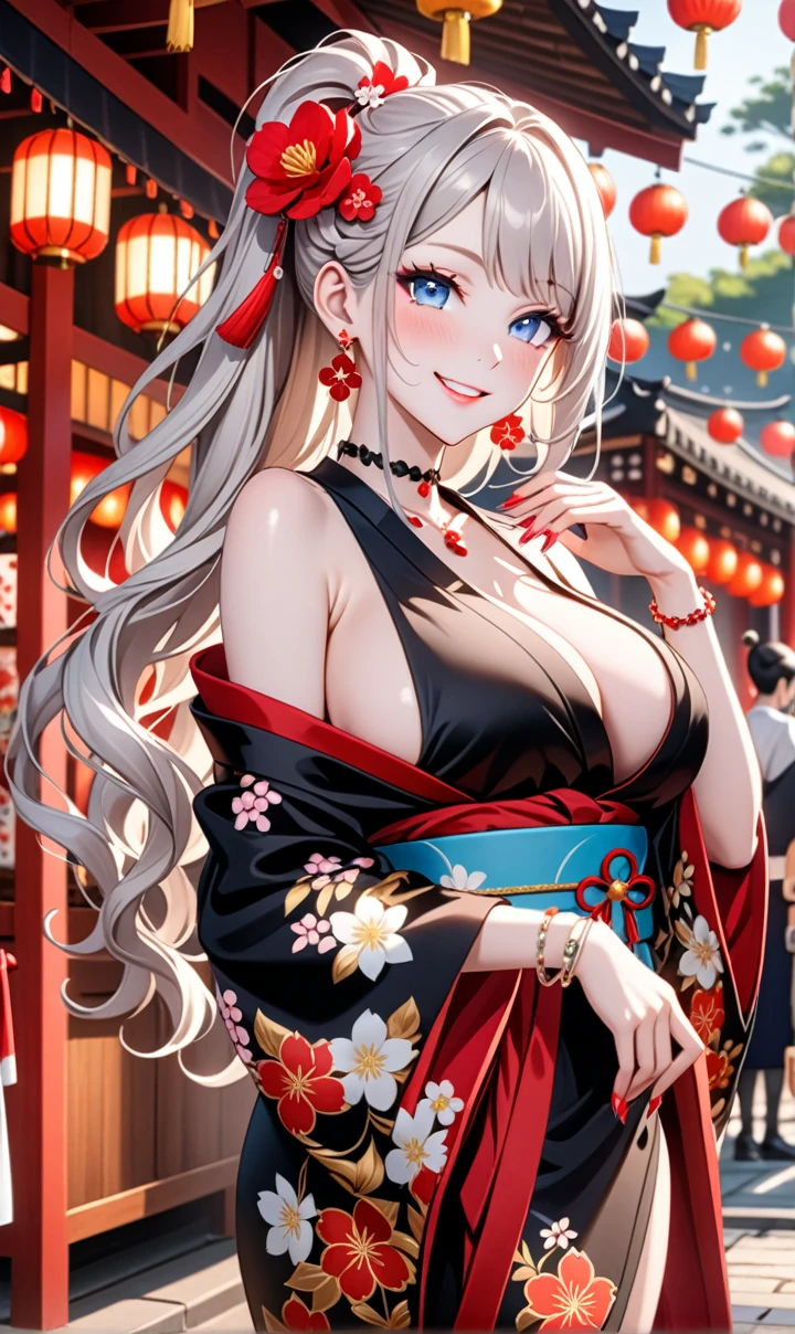 ultra-detailed, ((one girl)), (pale skin:1.4), in pastel colors gyaru, (heavy makeup), (professional lighting) hyper detailed, absurdres, 8K, Beautiful Face, (Laugh shyly), ((teasing smile:1.8)), ((Wink:1.7)), (Laugh with your mouth wide open),((Tilt your face:1.6)), View your viewers, ((Bright red cheeks:1.6)),Glossy Red Lips, ((Big Breasts:1.6)), ((undressing:1.2)), noon, Shrine festival stalls, ((Anime style background)),masterpiece, Highest quality, so beautiful,Latest, Complex details, (Pink long nails), (nail art), (ring),(bracelet), (Floral Choker),AI-generated, Complex,High resolution, Highest quality, super high quality,3D Images、3D Images,One person,Pastel silver long hair,(High Ponytail), (wavy hair:1.3), Pastel anime woman posing for a photo, ((Fine grain、blue eyes、glowing eyes:1.4)), (Squint your eyes:1.1),a hyperRealistic , hyperRealistic , Realistic,Anime woman with long pastel white hair, Smooth anime CG art, A girl in a gorgeous black kimono, ((Black long-sleeved kimono)),(Large red floral pattern), Golden embroidery, (sideboob), Long flower hair ornament,Floral Earrings,japanese pouchを手に持つ,Mature Body, tall,Narrow waist, ((from side:1.2)), ((leaning forward:)), upper body,