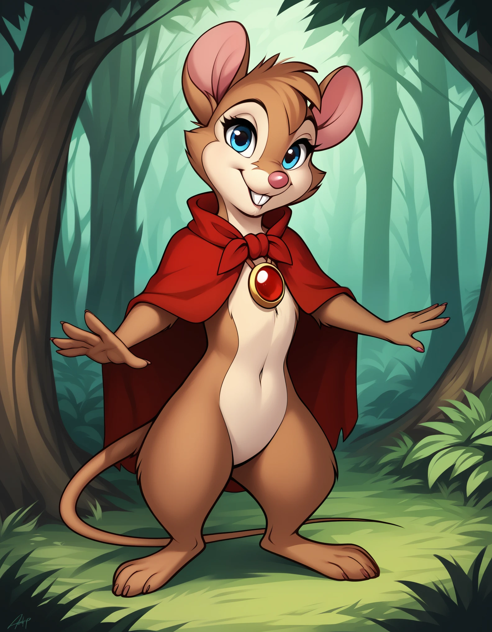 score_9, score_8_up, score_7_up, source_furry, source_safe, best quality, forest, BREAK, 1girl, mrsbrisby_tsonimh, mouse girl, semi-anthro, furry, brown fur, wearing red cape, wearing red pendant, mostly nude, standing, closed mouth, looking at viewer, smile, buck teeth, featureless crotch, featureless chest