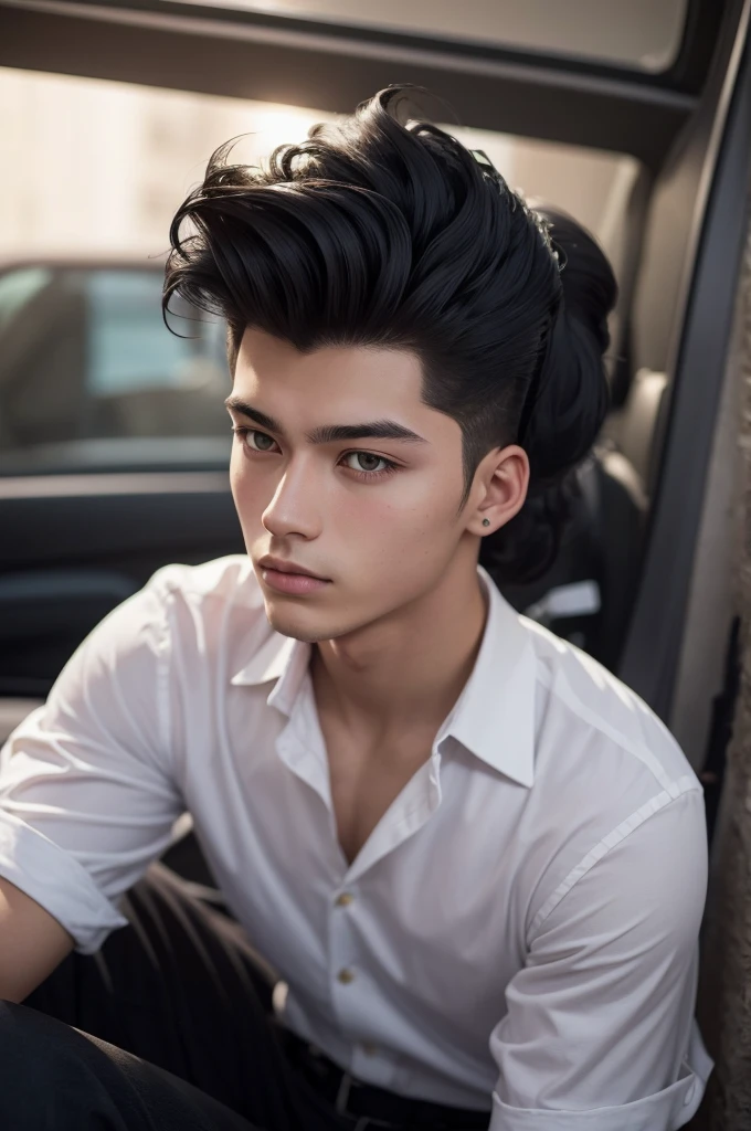 age 18 years and black pompadour hair