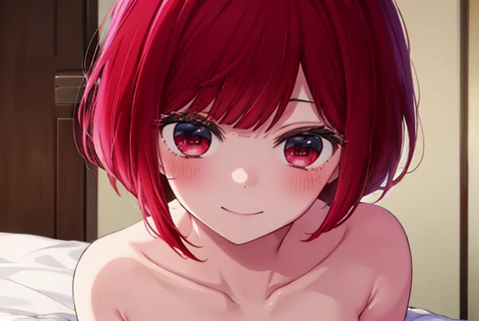 Arima Kana,whole body,Red hair,Red Eye, Naked with inverted nipples, smile,blush,bed,Sheets with wrinkles