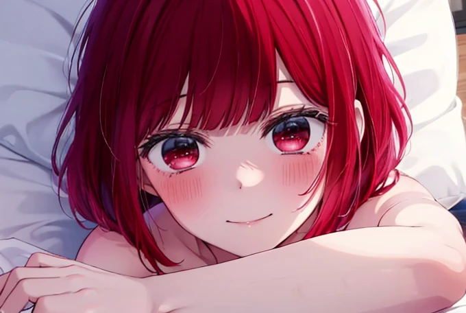 Arima Kana,whole body,Red hair,Red Eye, Naked with inverted nipples, smile,blush,bed,Sheets with wrinkles